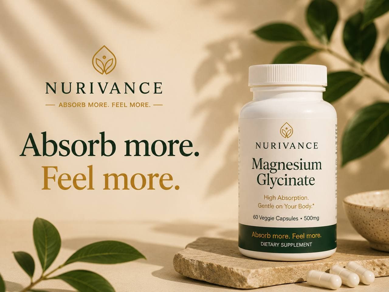 Nurivance Magnesium Glycinate bottle with capsules and botanicals